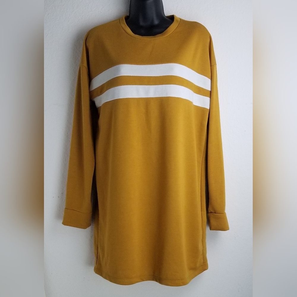 Forever 21 Mustard Yellow Crewneck Sweater Dress w/White Stripes (SIZE M)